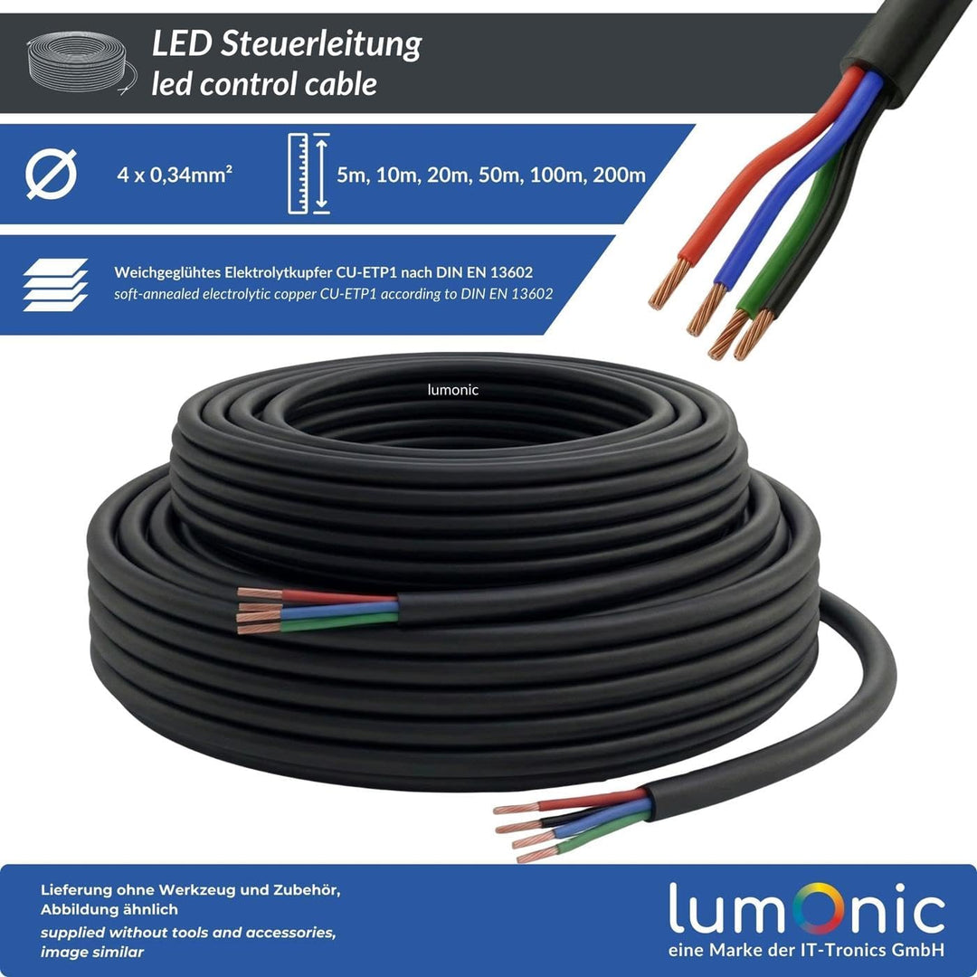 Lumonic 4x0,34mm² RGB LED Steuerleitung schwarz 200m | ummanteltes 4 adriges Kabel flexibel | LiYY V