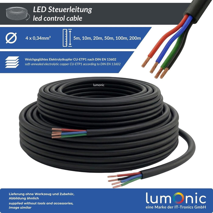 Lumonic 4x0,34mm² RGB LED Steuerleitung schwarz 100m | ummanteltes 4 adriges Kabel flexibel | LiYY V