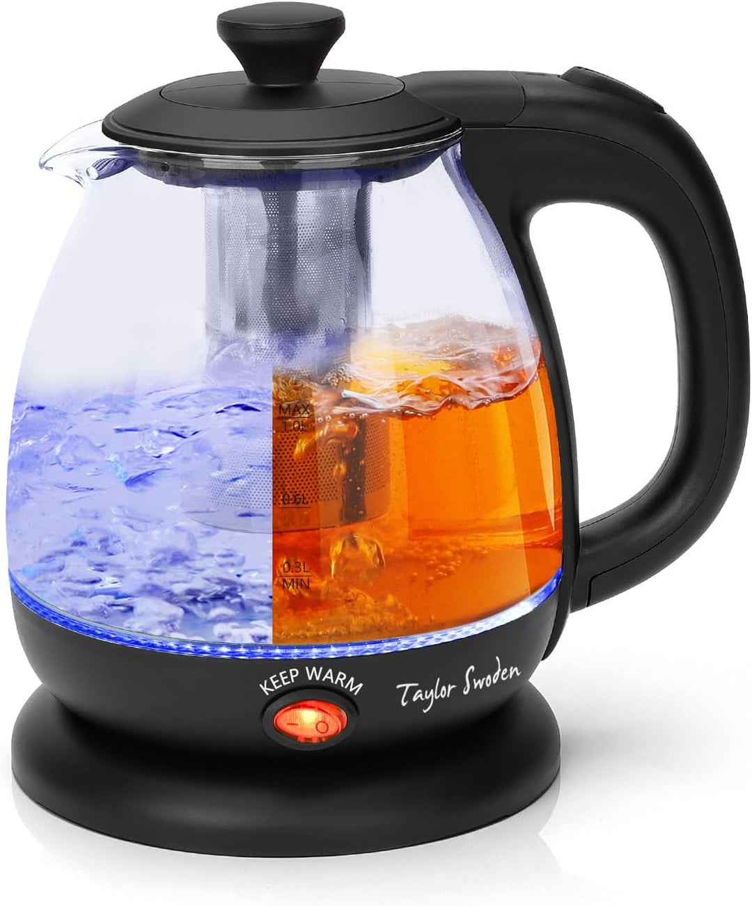 Taylor Swoden Wasserkocher Klein 1 Liter, Wasserkocher Glas Led, 2200W Teekocher Elektrisch, Warmhal