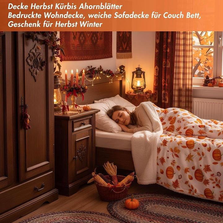 Halloween Kürbis Decke - Frohes Herbst Sherpa Fleece 130 x 150 cm - Süsse Herbstblumen Ahornblätter