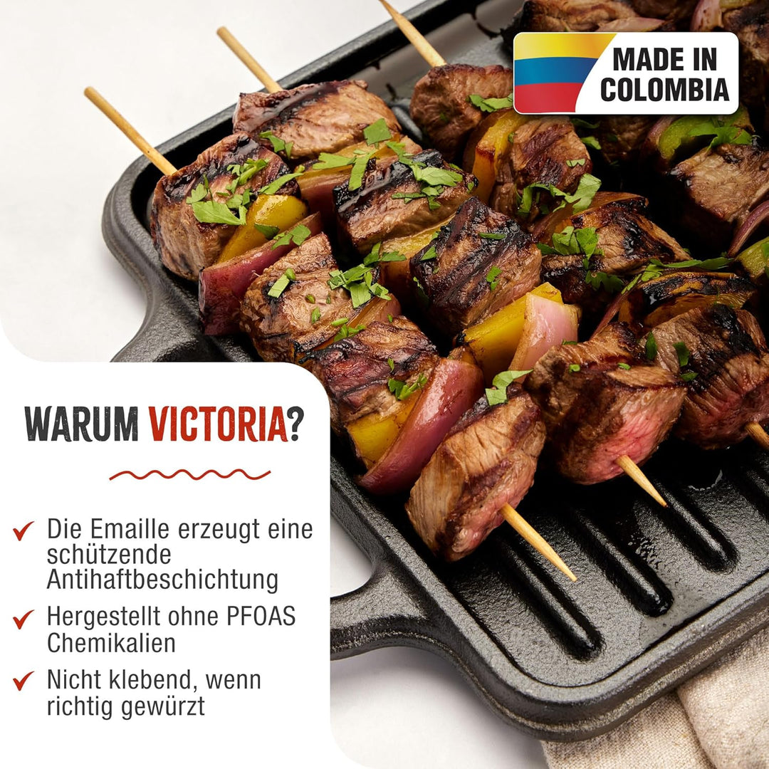 VICTORIA Grillplatte Emailliertes Gusseisen Grillpfanne 33 X 21cm Doppelseitig Verwendbar, für Feuer