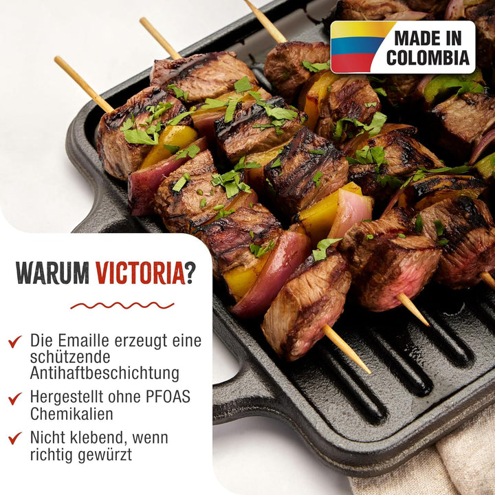 VICTORIA Grillplatte Emailliertes Gusseisen Grillpfanne 33 X 21cm Doppelseitig Verwendbar, für Feuer
