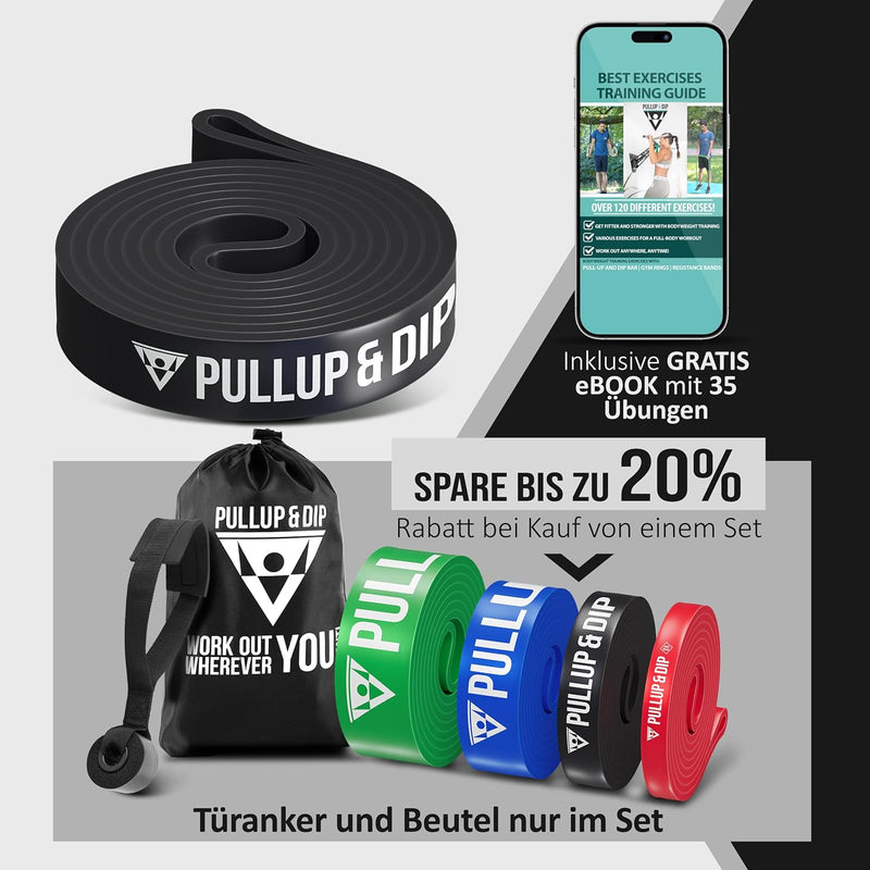 PULLUP & DIP Fitnessbänder Widerstandsbänder mit Tasche, Türanker (bei Sets) und Übungsguide - einze