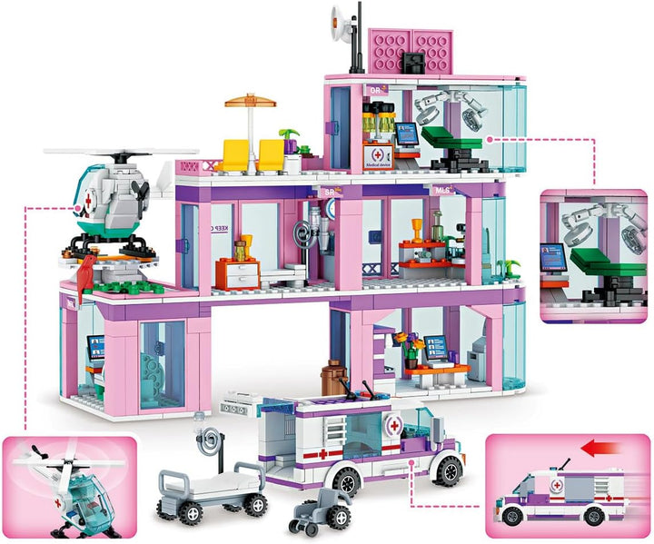 QLT QIAOLETONG Rosa Mädchen City Krankenhaus Baustein Set, Kompatibel mit Lego, inklusive Rettungs H