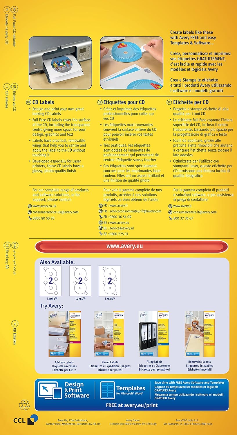 CD -Etikett Avery 117mm Fullizarce White 25 Vel 2 Etiketten pro Blatt