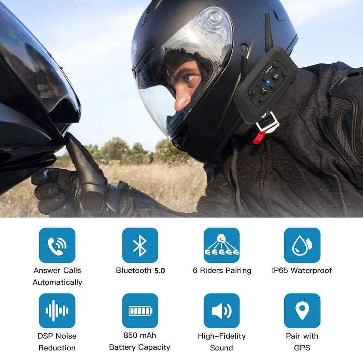 QSPORTPEAK V6 Plus Motorrad Intercom Bluetooth Headsets, 1200M bis zu 6 Reiters Motorradhelm Interph