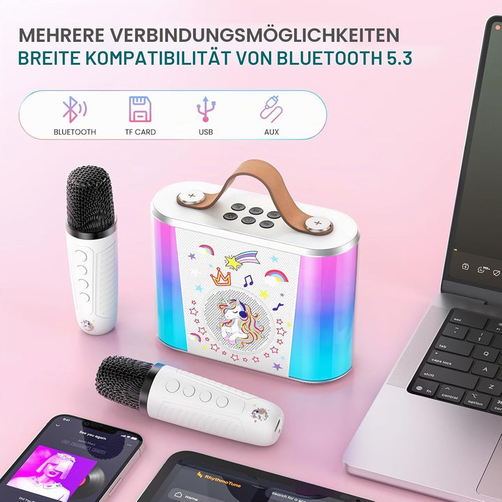 Karaoke-Maschine für Kinder, tragbarer Bluetooth-Lautsprecher mit 2 Mikrofonen, Geschenke für Kinder