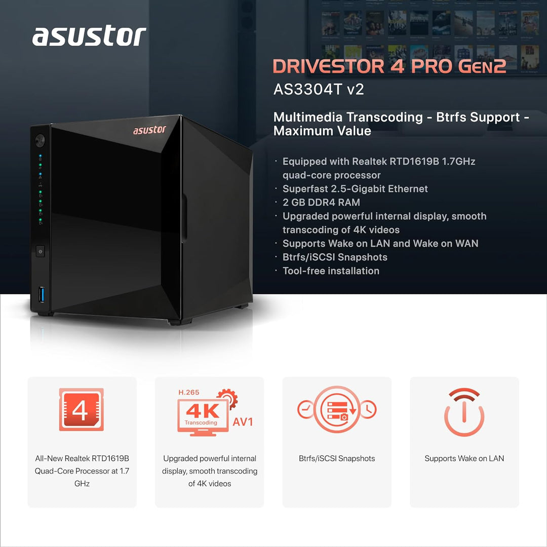 Asustor Drivestor 4 Pro Gen2 AS3304T v2, 4 Bay NAS Gehäuse Netzwerkspeicher, 1.7GHz Quad-Core, 2.5Gb