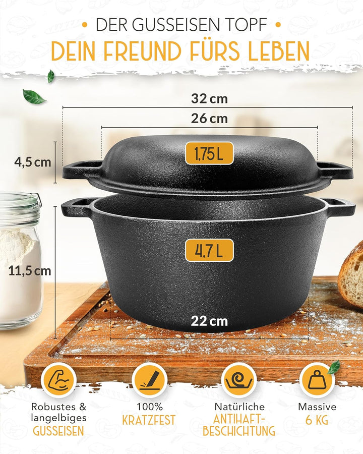 KRUSTENZAUBER 26cm Gusseisen Topf Brot backen - Brotbackform mit Deckel für selbstgemachtes Brot - I