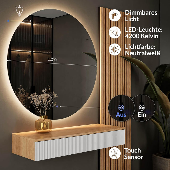 Planetmöbel Flur Garderobe Set Konsolentisch 100 cm inkl. Spiegel mit Beleuchtung rund (ohne Rahmen)