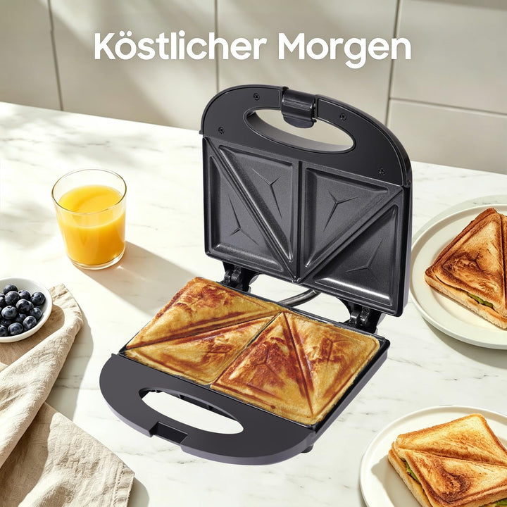 NIRVA 750W Sandwichtoaster für 4 Sandwiches, Sandwichmaker mit Antihaftbeschichtung, Sandwich Maker