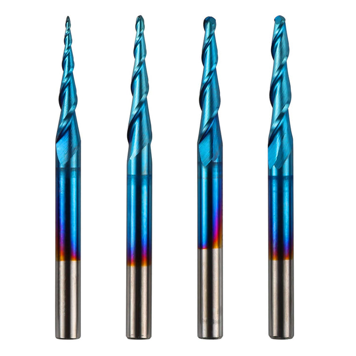 Genmitsu 4 Stück 2-Nuten- Kugelkopffräser mit konischer Spitze, Vollhartmetallfräser mit Nano Blue-B
