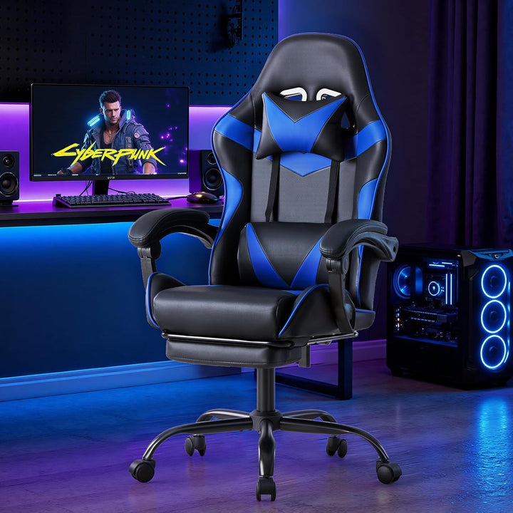 Sweetcrispy Gaming Stuhl, Gaming Chair mit Fussstütze Kopfstütze Lendenwirbelstütze, Ergonomischer P