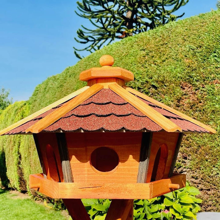 Vogel Futter Haus L oder XL Sechseck Holz Vogelhaus Futterstelle Braun/Blau, Rot, Schwarz und Grün (