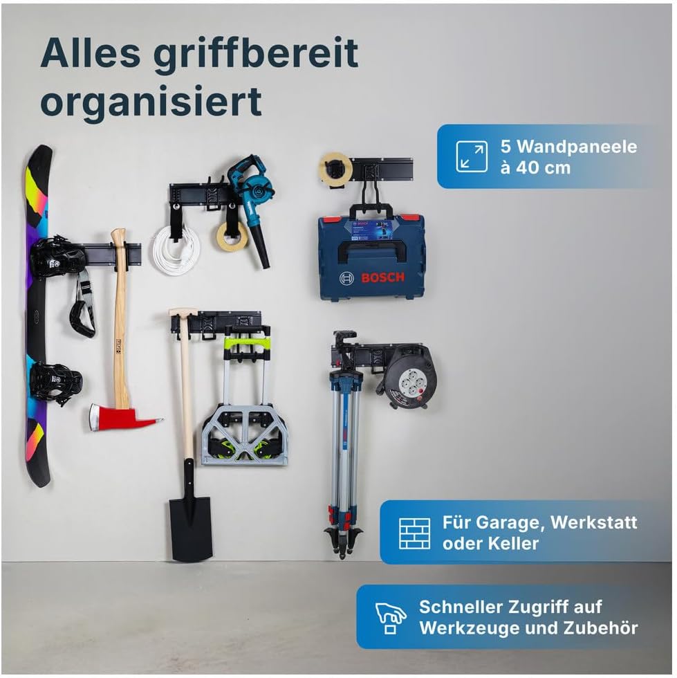 Dönges Werkzeug Wandhaken für Garage Aufbewahrungsregal mit 5 Schienen, 14 Haken &amp; 2 Klettschlaufen