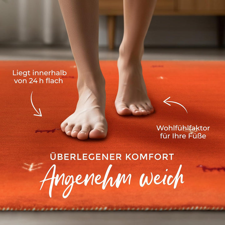 carpetfine Wollteppich Gabbeh Uni Orange 60x90 cm | Moderner Teppich für Wohn- und Schlafzimmer 60x9