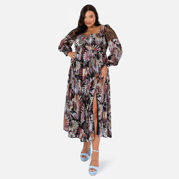 Lovedrobe Damen Womens Plus Size Midaxi Dress with Pockets Curve Long Bishop Sleeve Slit Mesh Sweeth