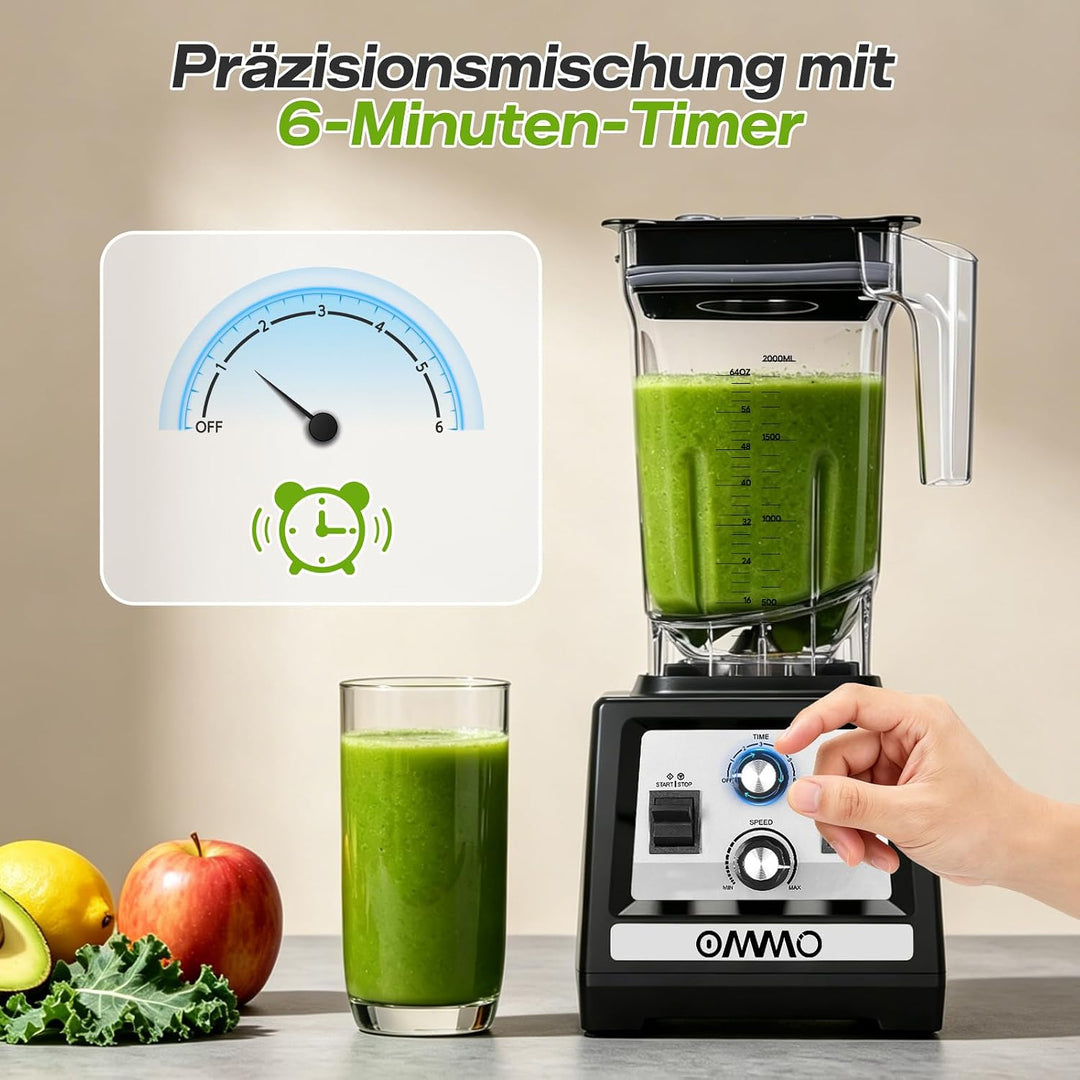 OMMO 2L Standmixer Hochleistungsmixer, Mixer Smoothie Maker Max 1800W | für Eisbrechen, Milkshakes,