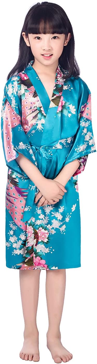 Westkun Mädchen Kimono Kinder Morgenmantel Satin Seide Japanisch Roben Kurze Blumen Muster Bademante