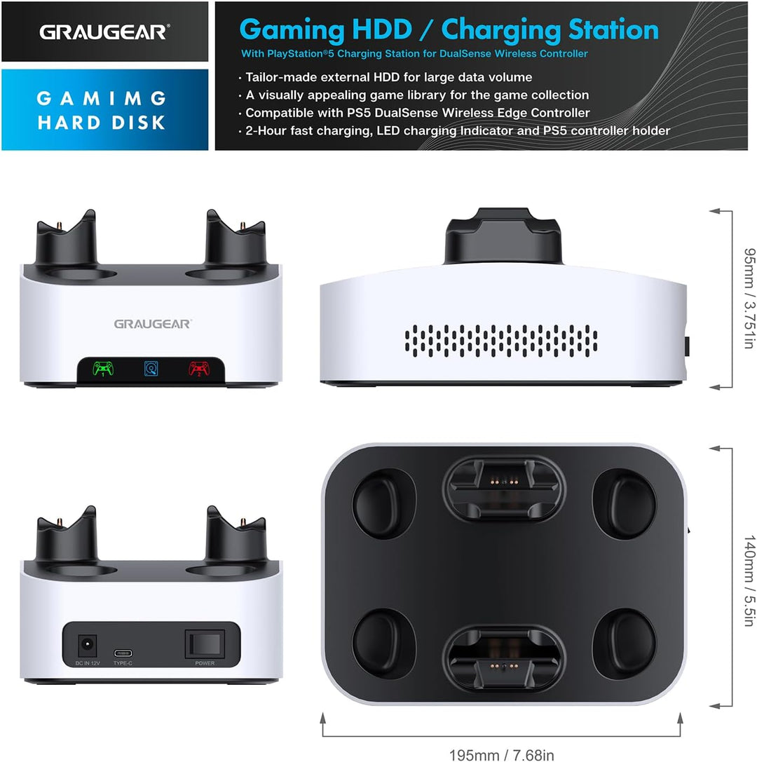 GRAUGEAR 4TB Externe Festplatte für PS5 & PS5 Slim, Ladestation für 2X PS5 Controller, 4TB HDD 3.5",