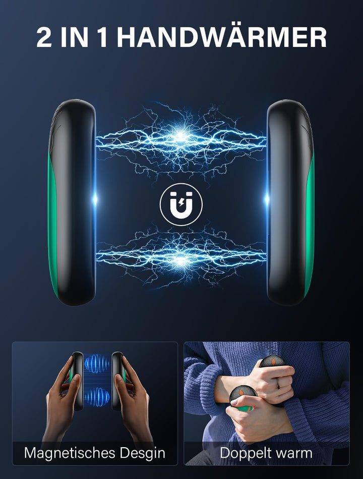 Handwärmer Elektrisch 2 Pack, Ultraleicht Taschenwärmer Wiederaufladbar, Tragbare Heizung 8000mAh, 3