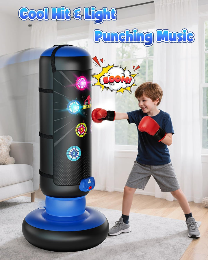 Boxsack Kinder, Boxsack Stehend mit Musik & Licht, Interaktiv Punching Bag, Aufblasbarer Standboxsac