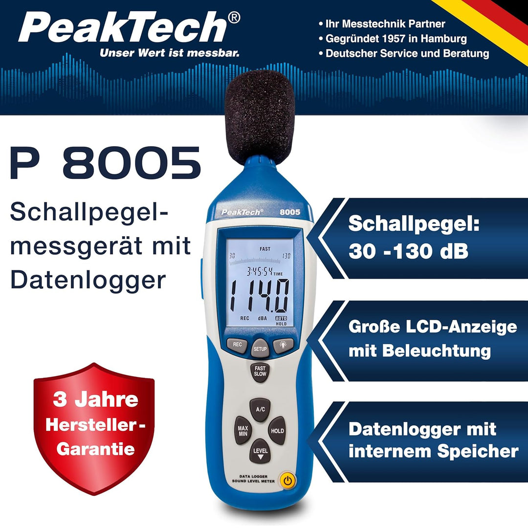 PeakTech 8005 - Schallpegelmessgerät Klasse 2 mit Aufzeichnung (32000 Messwerte), Kalibriert, Schall
