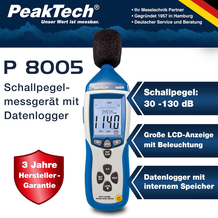 PeakTech 8005 - Schallpegelmessgerät Klasse 2 mit Aufzeichnung (32000 Messwerte), Kalibriert, Schall