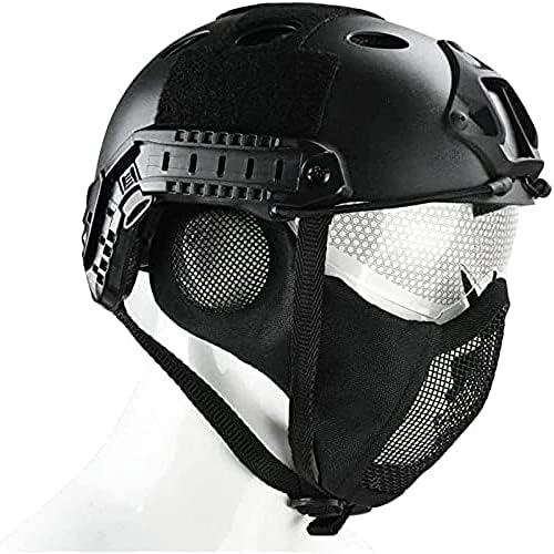 PJ Typ Tactical Multifunktionaler Airsoft Fast Helm mit Faltbarem Gehörschutz Stahlnetz Maske und Sc