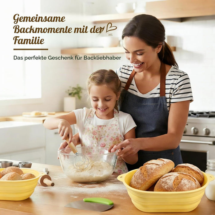 Gärkörbchen Sauerteig Starter Set Silikon 23cm Rund &amp; 25cm Oval Gärkorb mit 650ML Sauerteig Glas Fal