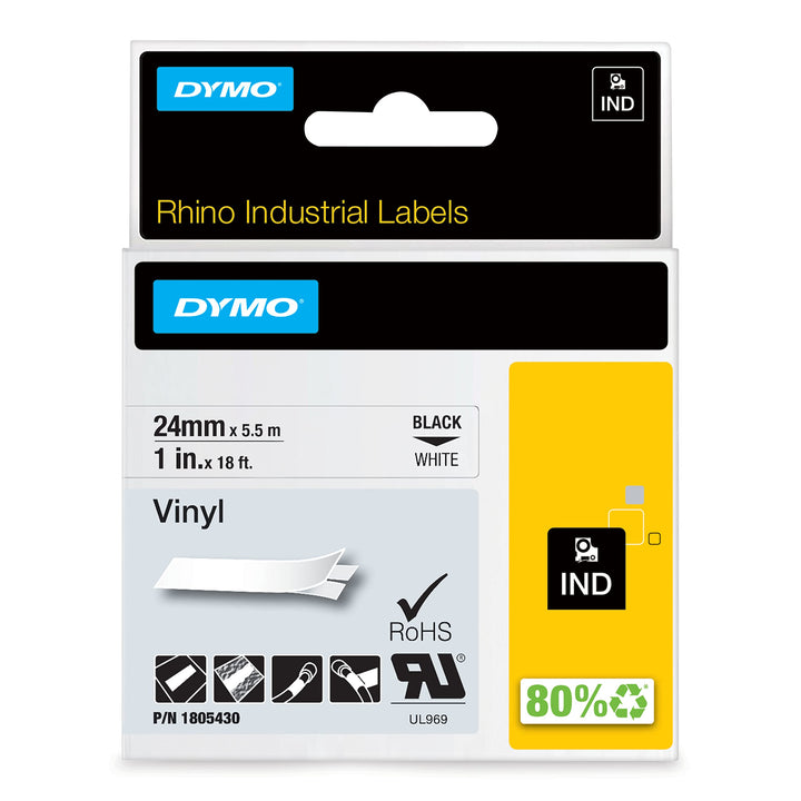 DYMO Rhino-Industrie-Vinyletiketten | 24 mm x 5,5 m | schwarzer Druck auf weissem Untergrund | selbs