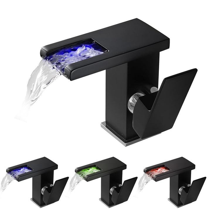 KEOKBON LED Lichter Bad Wasserhahn Schwarz, Farbtemperatur Wasserfall Waschtischarmatur, 3 Farbe Was