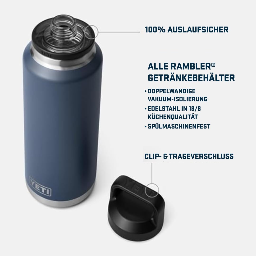 YETI Rambler Trinkflasche 46 oz (1,3 L) Navy – Edelstahl Trinkflasche, Wasserflasche Sport mit Chug–