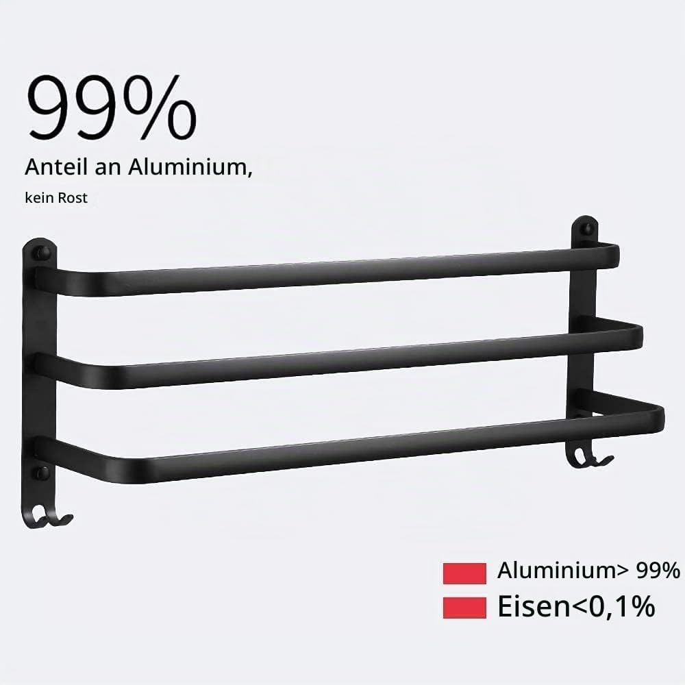 Handtuchhalter, Aluminium Handtuchregal, Wandmontage 3-Stöckig Handtuchstange mit Haken 80CM Schwarz
