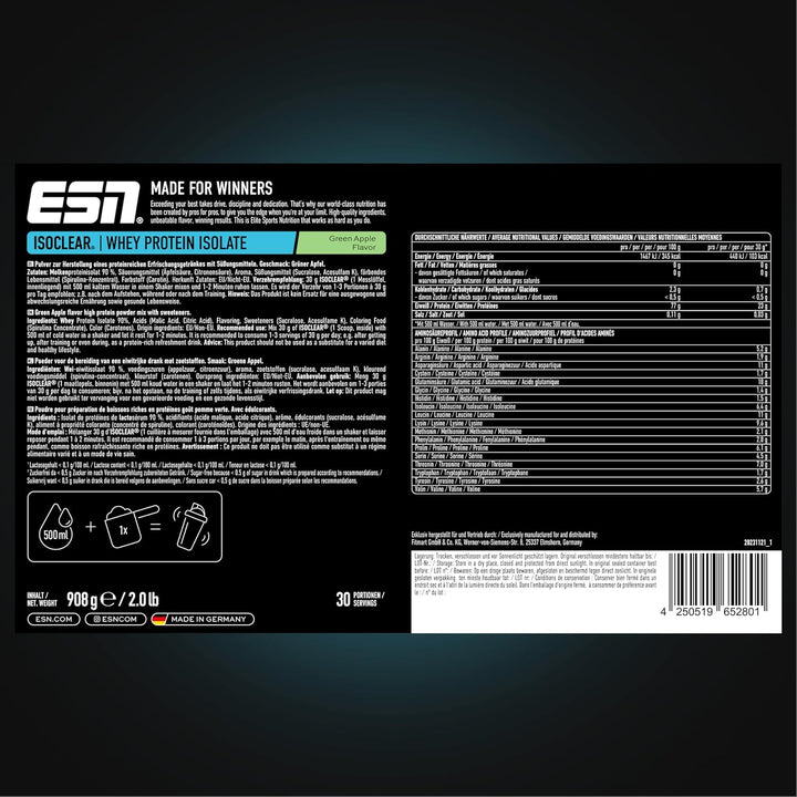 ESN ISOCLEAR Whey Isolate Protein Pulver, Green Apple, 908 g, Clear Whey Green Apple 30 Portionen (1