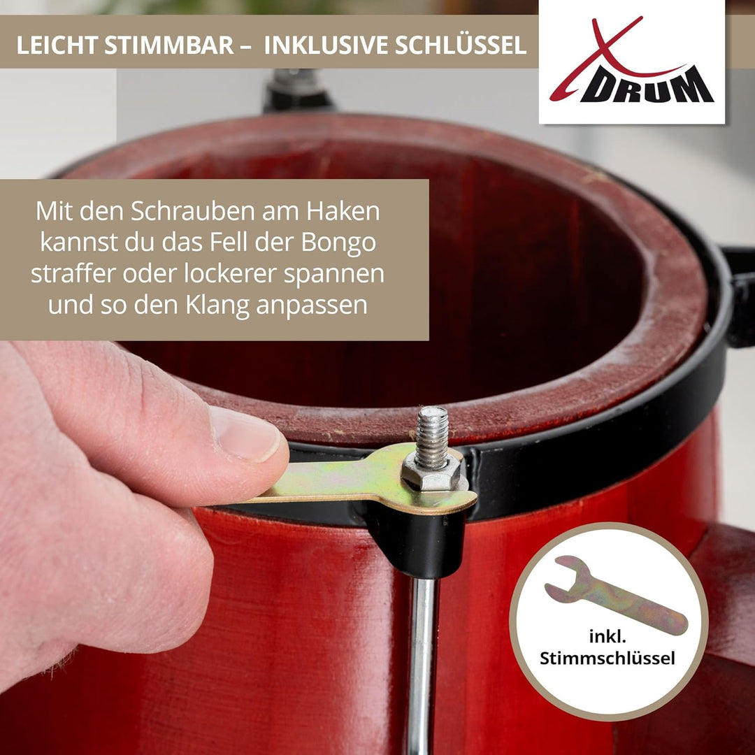 XDrum Bongos Pro Weinrot - 2 Trommeln mit 6,5" (17 cm) und 7,5" (20 cm) Durchmesser - Bongotrommeln