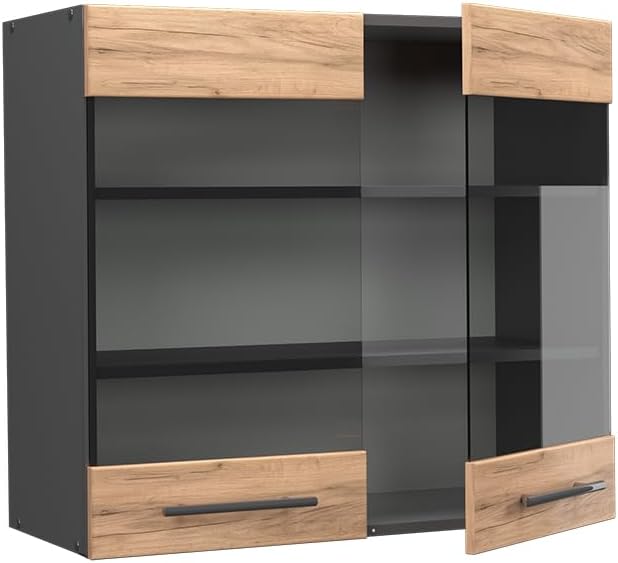 Vicco Küchenschrank Glas Fame-Line, Goldkraft Eiche/Anthrazit, 80 cm Goldkraft Eiche Hängeglasschran