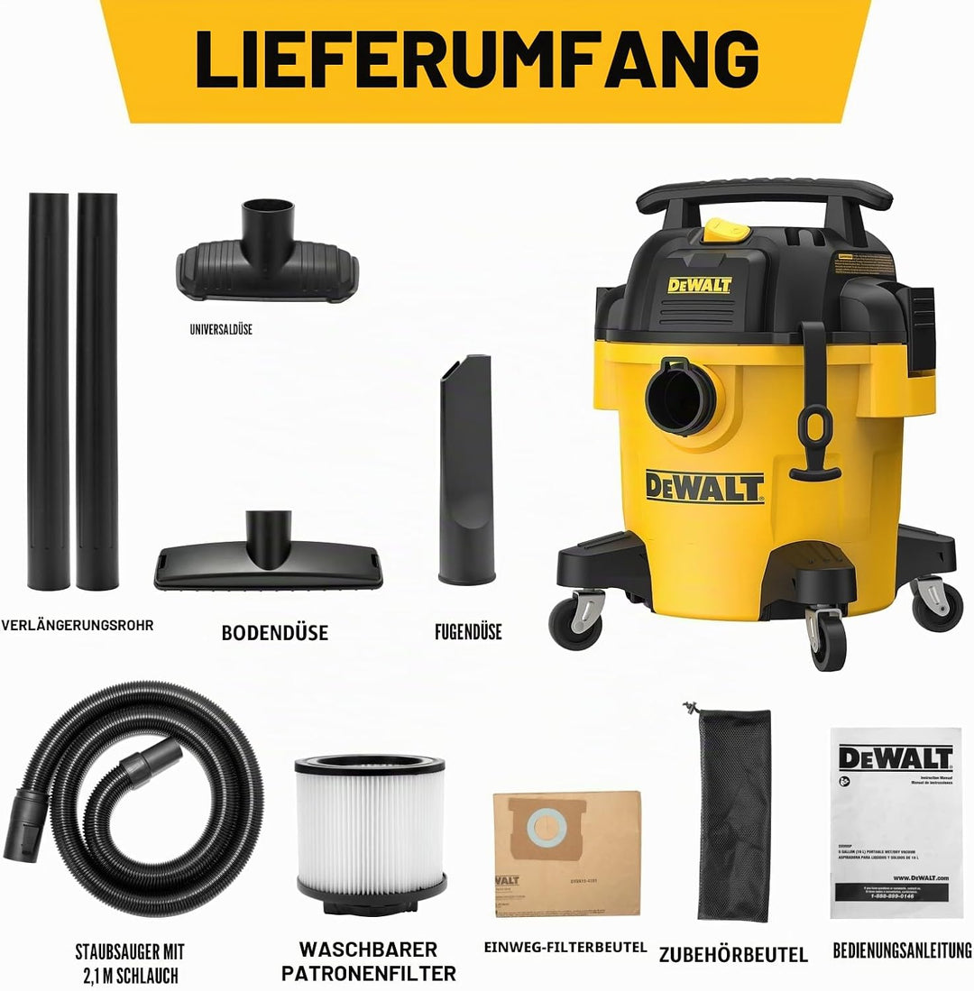 DEWALT 20L Poly Nass-/Trockensauger, Mobiler Nass Trockensaug mit Universalrad, 3 IN 1 mit Blas- und