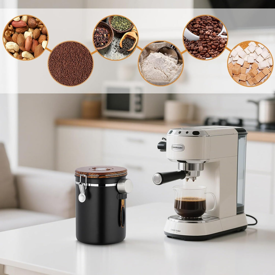Kaffeedose Luftdicht 1kg Bohnen, 2,8 L Kaffeebohnenbehälter aus Edelstahl mit Deckel aus Holzmaserun