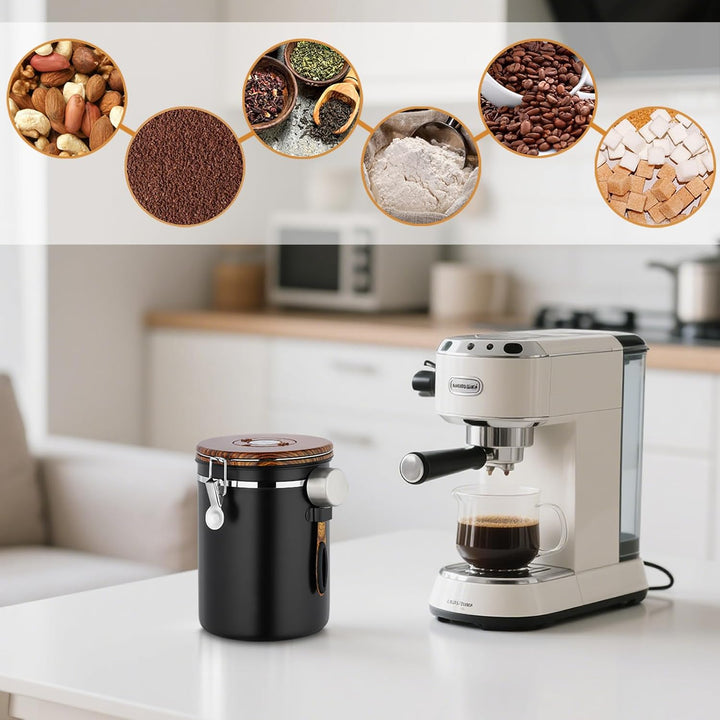 Kaffeedose Luftdicht 1kg Bohnen, 2,8 L Kaffeebohnenbehälter aus Edelstahl mit Deckel aus Holzmaserun