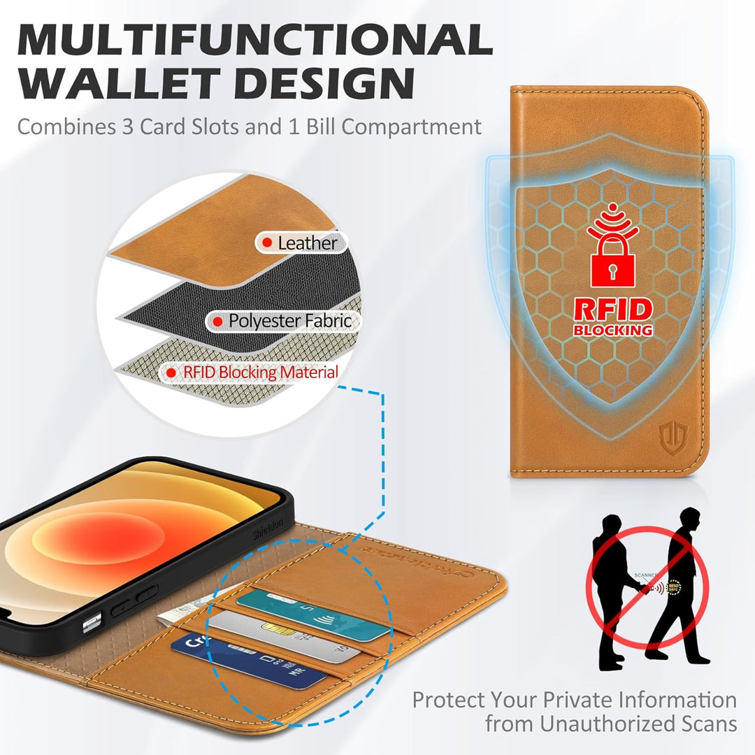 SHIELDON Hülle für iPhone 12 Pro, Handyhülle iPhone 12 [Erstklassig Rindsleder] [Kartenfach] [Magnet