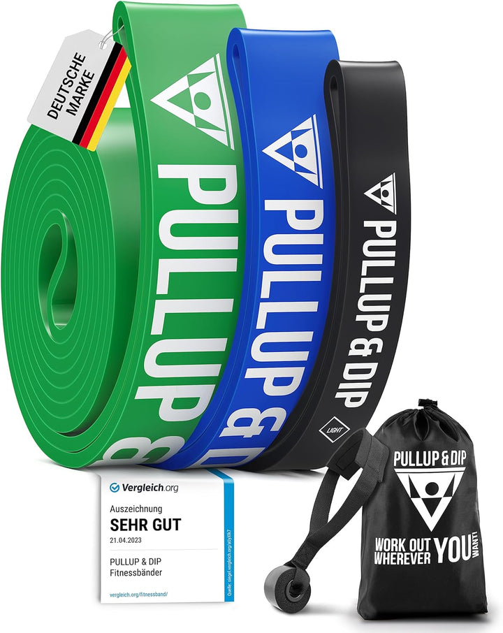 PULLUP & DIP Fitnessbänder Widerstandsbänder mit Tasche, Türanker (bei Sets) und Übungsguide - einze