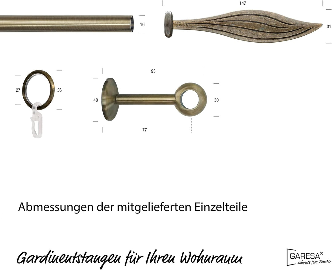 Garesa Gardinenstange Esperanca Ø 16mm, 1-läufig, Messing, antik I Rustikale Vorhangstange inkl. Rin