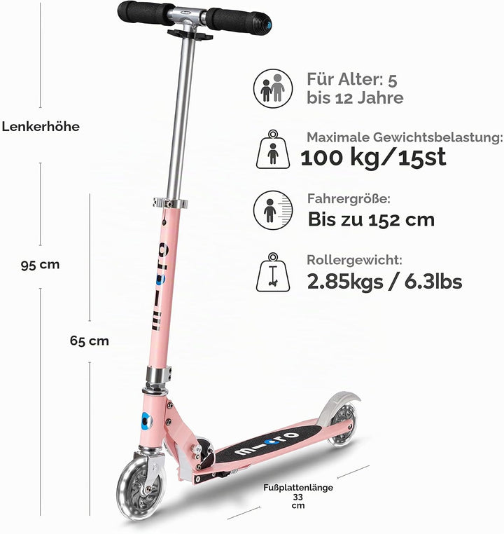 Micro Mobility Sprite LED Cityroller aus Aluminium in der Farbe Neon Rose Lenkerhöhe verstellbar, SA