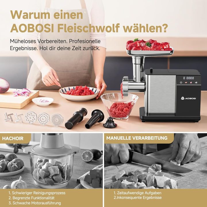AAOBOSI Fleischwolf Elektrisch [3000W MAX] mit LED-Display,3 Geschwindigkeiten,Fleischwolf mit Anti-