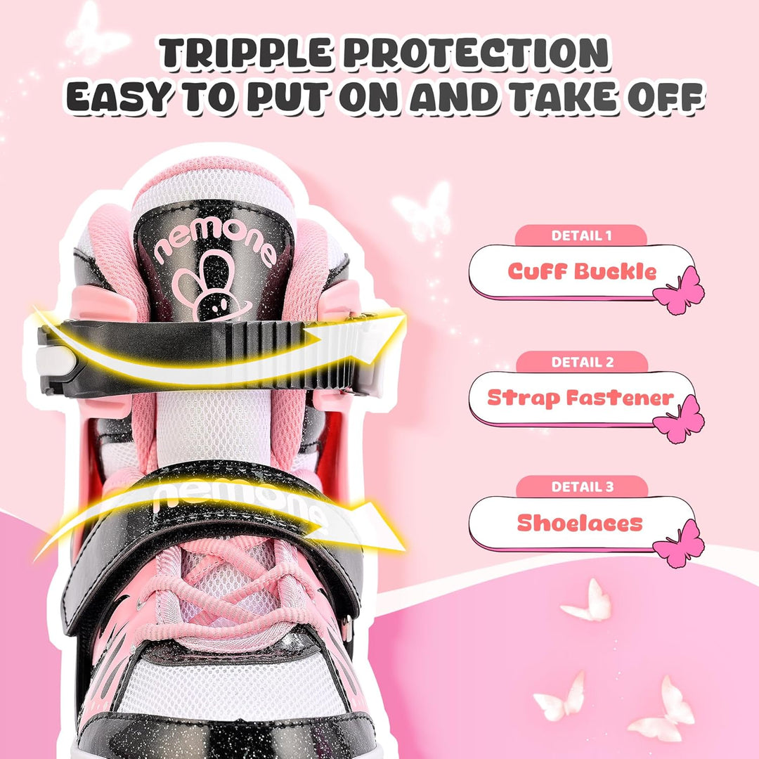 NEMONE Rollschuhe für Mädchen Kinder 4 Grössen Verstellbar Blau Violett Rollschuhe für Kinder Drinne