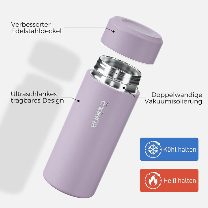 【Upgrade-Version】Exllena Mini Thermosflasche 250ml mit Edelstahl-Deckel, Trinkflasche Klein Doppelwa