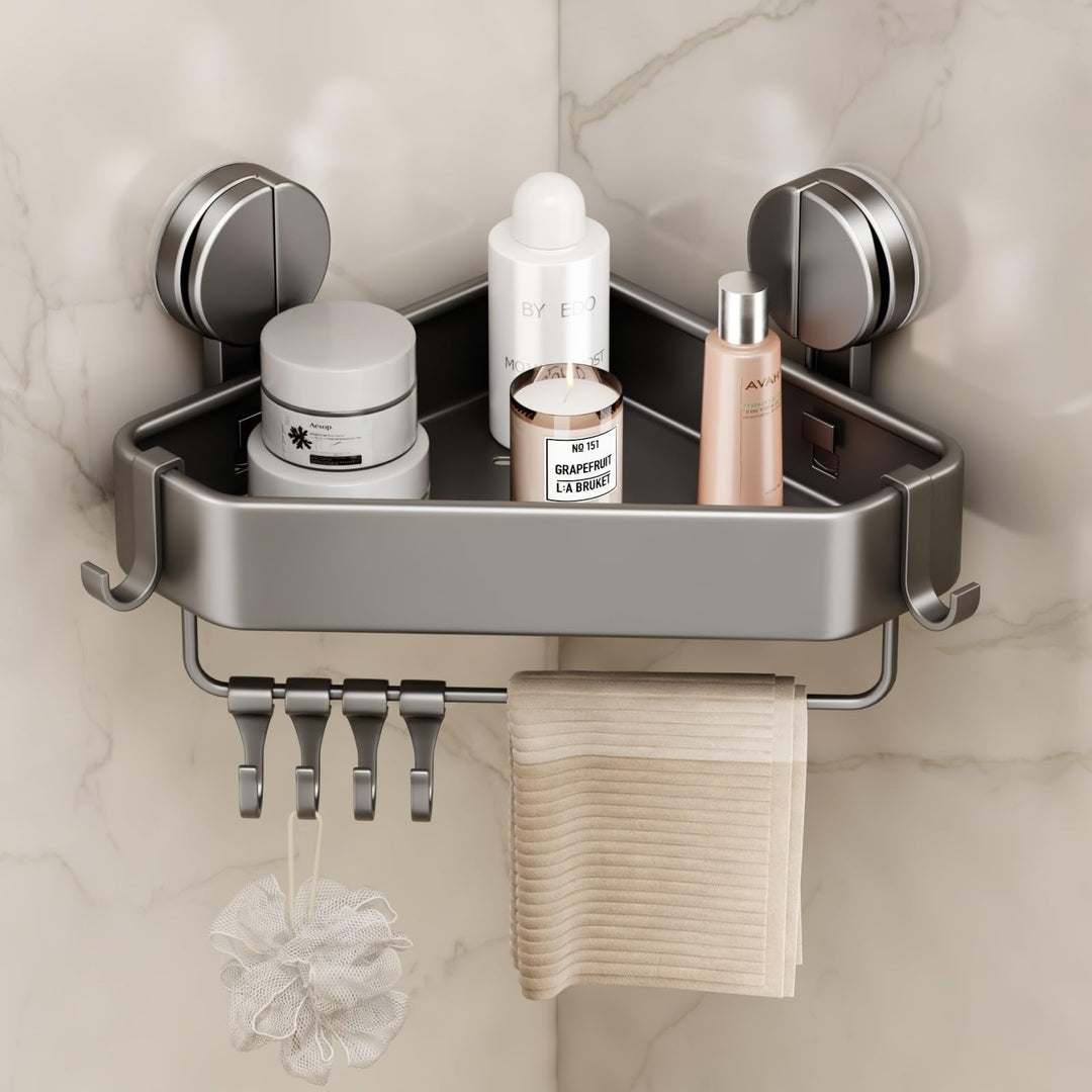 Duschablage Ohne Bohren, Duschregal Ecke Saugnapf Badezimmer Regal Wand Duschkorb mit Handtuchhalter