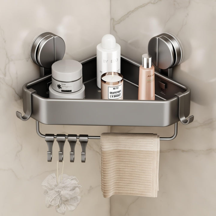 Duschablage Ohne Bohren, Duschregal Ecke Saugnapf Badezimmer Regal Wand Duschkorb mit Handtuchhalter