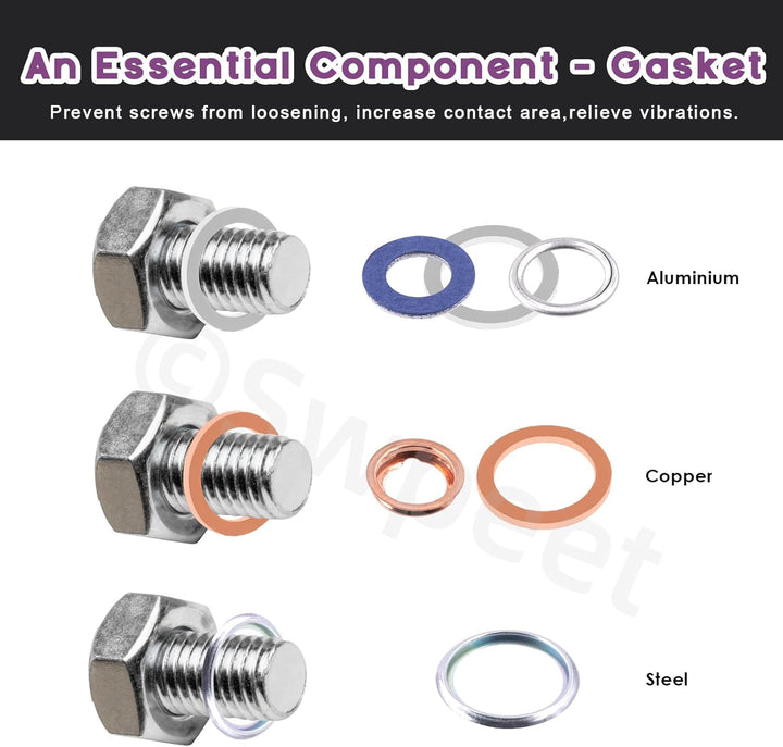 Swpeet 140Pcs 9 Arten Öl Drain Plug Dichtung Assortiment Kit, Aluminium/Kupfer/Stahl Öl Crush Unterl
